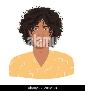 Portrait d'un jeune homme beau avec une coiffure afro. Latino Guy. Avatar de l'homme souriant métis avec une peau sombre dans une tenue moderne jaune vif. Vecteur Illustration de Vecteur