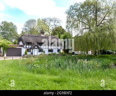 L'étang de canard dans le centre du village Oakley avec des cottages traditionnels au chaume en arrière-plan, Oakley, Hampshire, Angleterre, Royaume-Uni. Banque D'Images