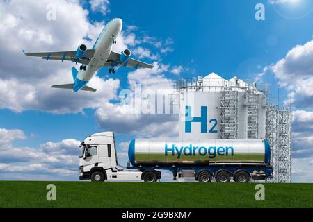 Avion et camion avec remorque à réservoir d'hydrogène à l'arrière-plan du stockage de gaz. Nouvelles sources d'énergie Banque D'Images