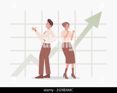 Homme et femme debout sur l'arrière-plan de l'augmentation graphique vecteur illustration plate. Les gens sont heureux de réussir. Investissement d'entreprise, gagner et économiser de l'argent, concept de réussite financière. Illustration de Vecteur