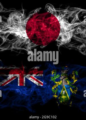 Drapeaux de fumée du Japon, du Japon et de la Grande-Bretagne, des îles Pitcairn Banque D'Images