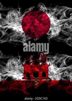 Drapeaux de fumée du Japon, du Japon et de la Grande-Bretagne, de Gibraltar Banque D'Images