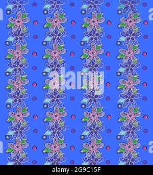 Des rangées de fleurs aux couleurs vives et de pois se trouvent sur un fond bleu vif. Avec un contour blanc, les fleurs forment une chaîne en diagonale Banque D'Images