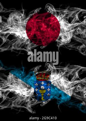 Drapeaux de fumée du Japon, du Japon et de l'Espagne, de l'Espana, de la Galice Banque D'Images