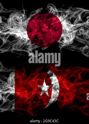 Drapeaux de fumée du Japon, du Japon et des Émirats arabes Unis, Umm al Qaiwain Banque D'Images