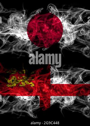 Drapeaux de fumée du Japon, du Japon et du Royaume-Uni, de Grande-Bretagne, de Grande-Bretagne, de Sark Banque D'Images