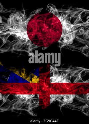 Drapeaux de fumée du Japon, du Japon et du Royaume-Uni, de la Grande-Bretagne, de la Grande-Bretagne, de Herm Banque D'Images