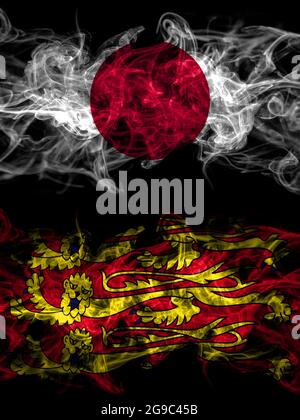 Drapeaux de fumée du Japon, du Japon et du Royaume-Uni, Royaume-Uni, Royal Banner England Banque D'Images