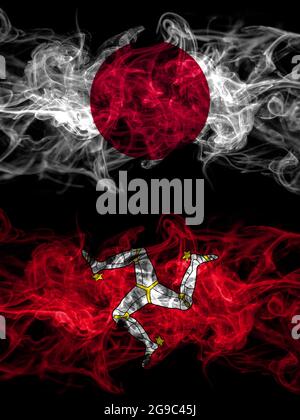 Drapeaux de fumée du Japon, du Japon et du Royaume-Uni, de la Grande-Bretagne, du Royaume-Uni, de l'île de Mann Banque D'Images