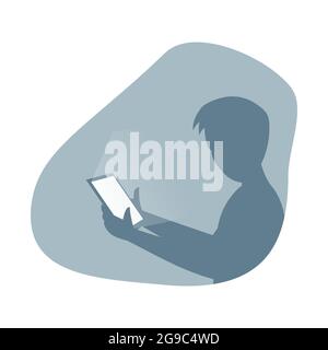 Silhouette d'homme tenant la tablette pc dans la main illustration à plat vectorielle. Personnage masculin utilisant un ordinateur portable personnel. Manager ou homme d'affaires avec un ordinateur numérique moderne en armes. Concept de technologies récentes. Illustration de Vecteur