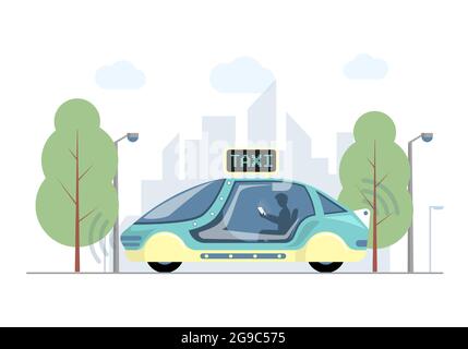 Future express taxi en ville vecteur plat illustration. Voiture futuriste à grande vitesse sur fond de ville moderne. Taxi électrique intelligent autonome avec passagers et paysage urbain en toile de fond. Illustration de Vecteur
