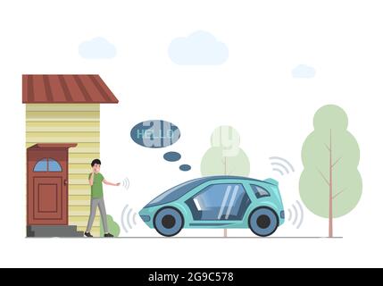 Illustration à plat future du vecteur de transport personnel. Homme souriant parlant le téléphone et allant à la voiture intelligente. Transport futuriste à grande vitesse. Technologies automobiles modernes, auto-conduite automobile. Illustration de Vecteur