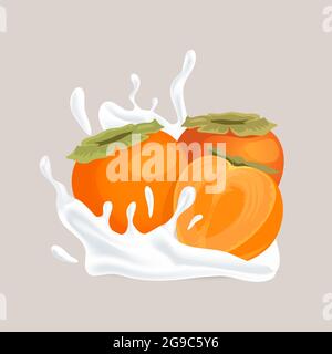 Persimmon entier frais juteux et demi-tranché et une éclaboussure de dessin animé liquide blanc illustration isolée sur fond beige. Yaourt naturel, produit cosmétique basé sur le concept vectoriel de fruits tropicaux. Illustration de Vecteur