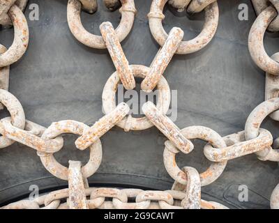 Chaînes de roue avec saleté sablonneuse sur un énorme pneu de machine de construction ou de carrière. Chaînes avec maillons de chaîne à anneaux. Chaînes rugueuses Banque D'Images