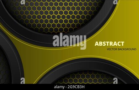 Noir et jaune abstrait futuriste métallique vecteur sportif avec fibre de carbone hexagonale. Arrière-plan sombre avec grille en nid d'abeille et 3D abstrait Illustration de Vecteur
