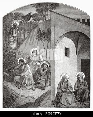 L'agonie dans le jardin. L'agonie de Jésus-Christ à Gethsemane, les apôtres dorment, Martha et la Vierge Marie regardent et prient. Fresque de FRA Angelico du couvent de San Marcos Florence du XVe siècle. Ancienne illustration gravée du XIXe siècle de Jésus-Christ par Veuillot 1881 Banque D'Images