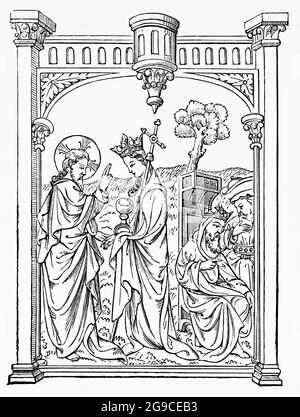 Jésus Christ bénit l'Église, gravure antique d'une bible du XIVe siècle. Ancienne illustration gravée du XIXe siècle de Jésus-Christ par Veuillot 1881 Banque D'Images