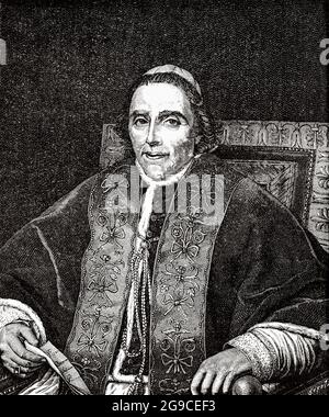 Portrait du Pape Pie VII (1742-1823) Barnaba Niccolò Maria Luigi Chiaramonti. Tenue du Concordat du 25 janvier. 1813, Italie, Europe. Ancienne illustration gravée du XIXe siècle de Jésus-Christ par Veuillot 1881 Banque D'Images
