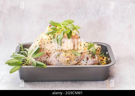 Farcir une dinde crue avec de la vinaigrette, prête à cuire pour Thanksgiving ou le dîner de Noël. Mise au point sélective, espace de copie Banque D'Images