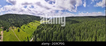 Magnifique panorama aérien de la célèbre Mitrovac sur la montagne Tara, Serbie. Champs verdoyants et forêt de pins avec montagnes. Matin brumeux, été Banque D'Images