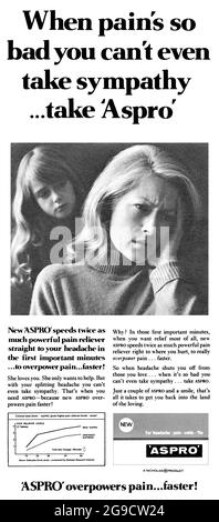 1968 publicité britannique pour les comprimés de soulagement de douleur d'Aspro. Banque D'Images