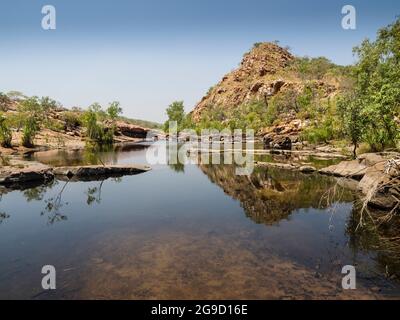 Paysage rocheux et piscines peu profondes sur Bell Creek, au-dessus de Bell gorge, Gibb River Road, Kimberley, Australie occidentale. Banque D'Images