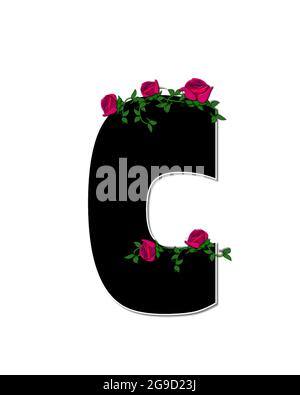 La lettre C, dans l'ensemble d'alphabet 'Rose Trellis,' est noire avec un contour blanc. Les roses et les vignes poussent et s'étendent autour de la lettre. Banque D'Images