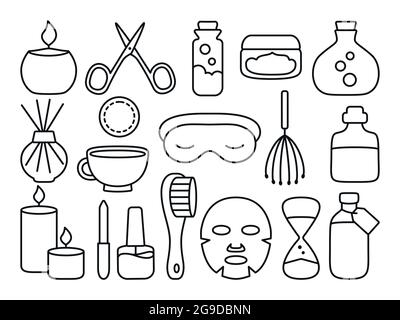 Ensemble de soins de beauté et spa Icon Line. Soin de la peau, huile aromatique lotion serviette, masque de sommeil sablier, ciseaux, tasse. Femme santé corps conception graphique plate, application mobile, web design. Illustration vectorielle Illustration de Vecteur