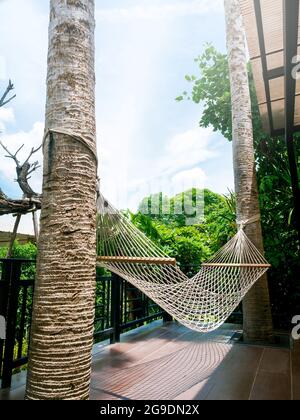 Vider le berceau de corde en coton blanc. Hamac suspendu entre deux palmiers sur la terrasse en bois près du jardin extérieur, style vertical. Banque D'Images