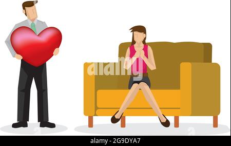 Homme donnant un grand coeur à sa petite fille. Concept de Saint Valentin ou couple aimant. Illustration vectorielle isolée. Illustration de Vecteur