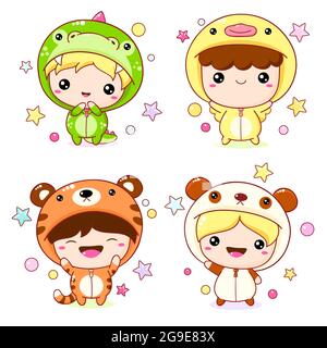 Ensemble de kawaii garçon et fille en costumes d'animaux. Collection de dessins animés mignon enfants en kigurumi pyjama sous forme de tigre, panda, canard, dragon. Vecteur Illustration de Vecteur