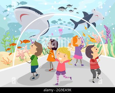 Illustration d'Stickman Kids Walking and Viewing Marine dans un tunnel sous-marin Banque D'Images