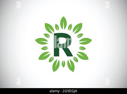 Lettre initiale R monogramme avec couronne de feuilles. Motif feuilles vertes et logo de fleur. Design moderne du logo vectoriel pour les entreprises et les entreprises Illustration de Vecteur