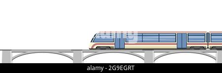 Train à grande vitesse sur le pont. Transport rapide. Chemin de fer avec locomotive. Paysage extérieur moderne. Isolé sur l'arrière-plan... Conception plate. Vecteur. Illustration de Vecteur