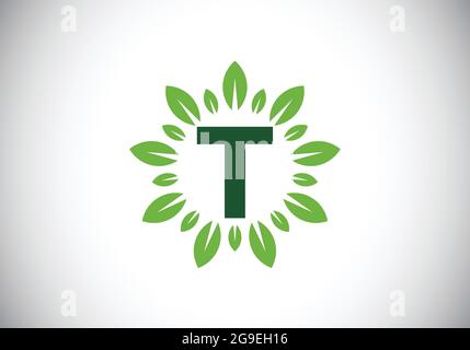 Lettre initiale T monogramme avec couronne de feuilles. Motif feuilles vertes et logo de fleur. Design moderne du logo vectoriel pour les entreprises et les entreprises Illustration de Vecteur