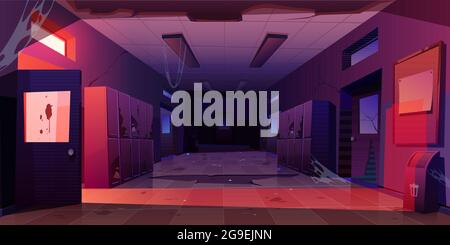 Couloir intérieur de l'école abandonné, couloir de nuit Illustration de Vecteur