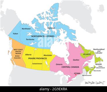 Carte vectorielle des cinq régions géographiques du Canada Illustration de Vecteur