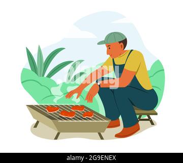 Man Grill la viande de barbecue pendant le camping à l'extérieur. Illustration de Vecteur