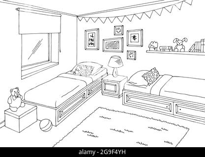 Enfants chambre graphique noir blanc deux lits maison dessin intérieur vecteur d'illustration Illustration de Vecteur