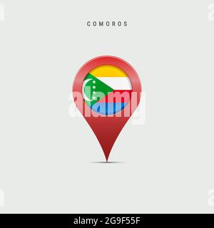 Marqueur cartographique à goutte d'eau avec drapeau des Comores. Union du drapeau des Comores insérée dans la broche de la carte de localisation. Illustration vectorielle 3D isolée sur fond gris clair Illustration de Vecteur