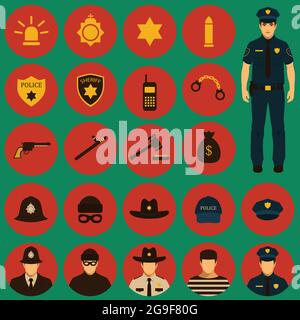 illustration de l'icône de sécurité vectorielle, police, police, jeu de badges de crime Illustration de Vecteur