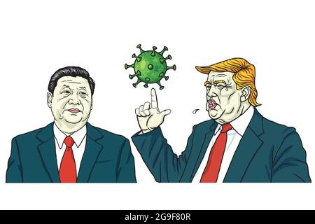 Donald Trump et Xi Jinping ont discuté de l'illustration du vecteur de dessin animé du coronavirus COVID-19 Illustration de Vecteur