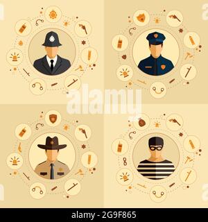 illustration de l'icône de sécurité vectorielle, police, police, jeu de badges de crime Illustration de Vecteur