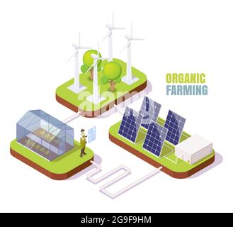 Ferme biologique. Serre isométrique, éoliennes, panneaux solaires. Serre utilisant énergie propre alternative, vecteur. Illustration de Vecteur