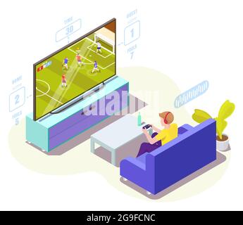 Homme joueur dans le casque jouant de football jeu vidéo sur la tv, vecteur illustration isométrique. Football en ligne, jeux de console. Illustration de Vecteur