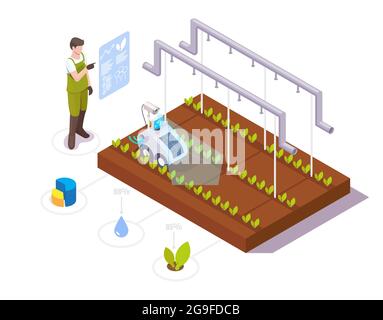 Agriculteur faisant l'analyse de croissance des cultures en serre à l'aide de technologies robotiques, illustration isométrique vectorielle. Une agriculture intelligente. Illustration de Vecteur