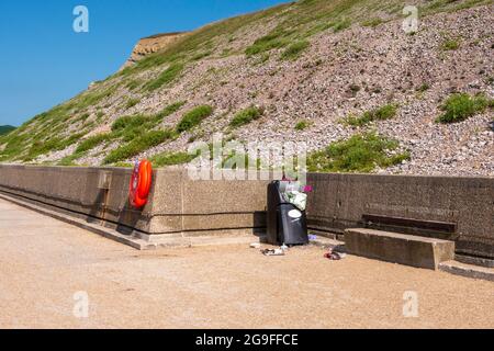 Bac à litière débordant repéré à West Bay, Dorset, Royaume-Uni. Banque D'Images