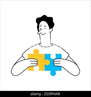 Dessin animé homme reliant des éléments de puzzle, pièce de puzzle. Idée d'entreprise, solution, résolution de problèmes, gestion de produits, concept de défi. Main dr Illustration de Vecteur