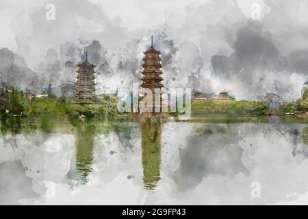 Peinture aquarelle numérique de magnifiques vues d'images de paysage du soleil et de la Lune pagodes jumelles à Guilin, Chine. Banque D'Images