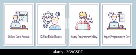Cartes de vœux de jour de programmeurs internationaux avec ensemble d'éléments d'icône de couleur Illustration de Vecteur